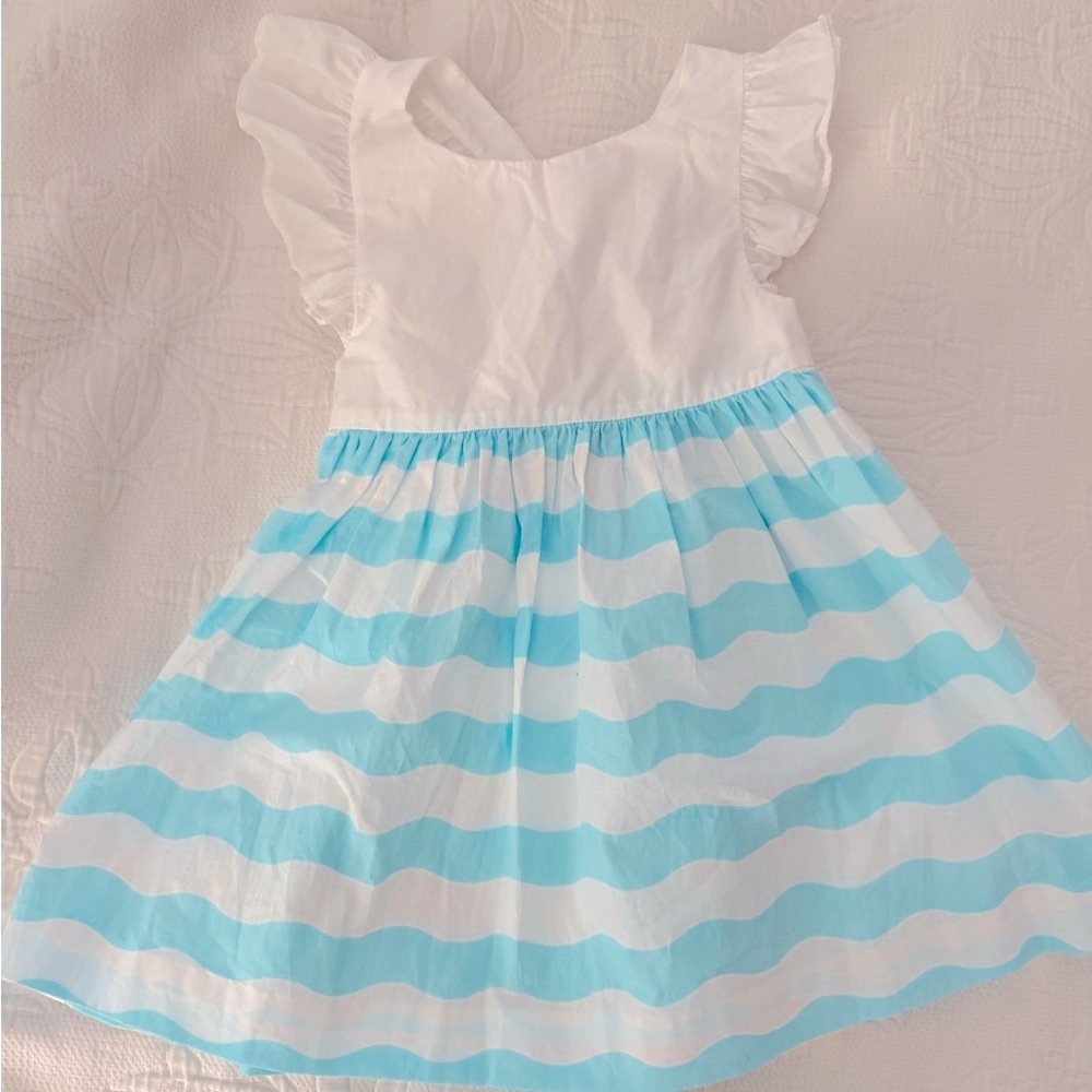 Jacadi White and Blue Ruffled Sundress with Flutter Sleeves- girls dress